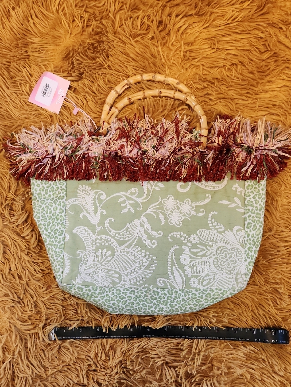 Vintage Handmade Pin Up Green Paisley Fringe Tote with Bamboo Handles